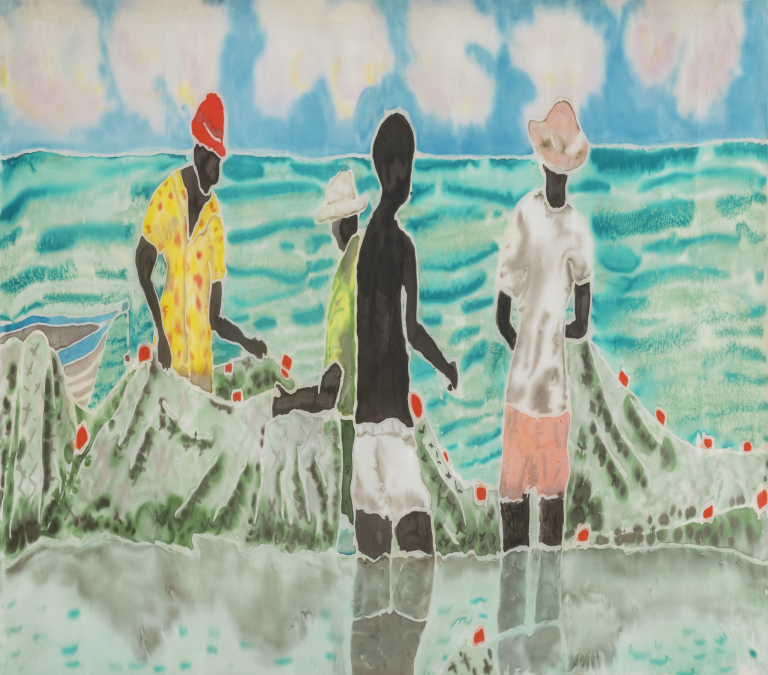 Boys Cleaning the Nets ~ Silk Painting Fabric Only
