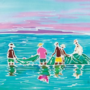 Rinsing The Nets  Original Silk Painting Fabric only