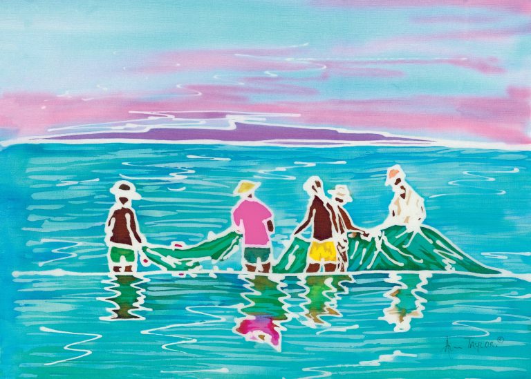 Rinsing The Nets  Original Silk Painting Fabric only